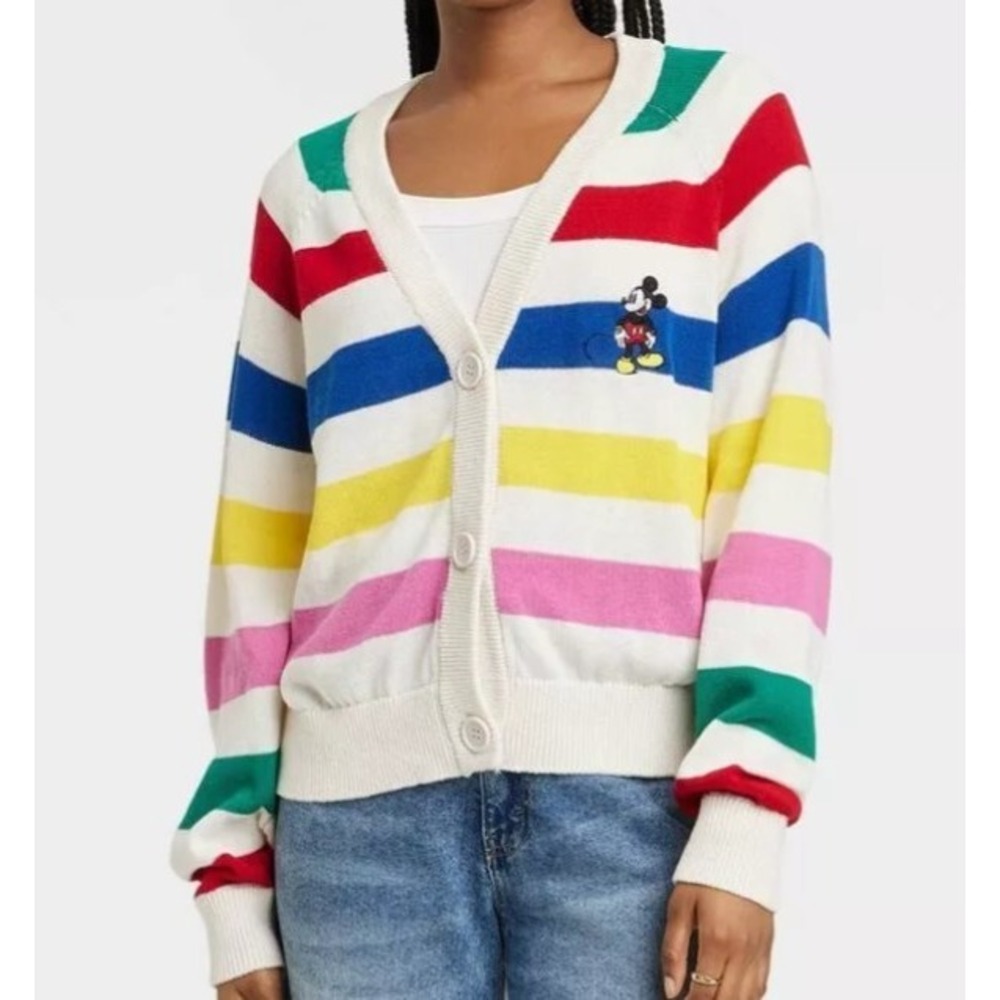 Disney 100 Mickey Mouse Retro Striped Cardigan Sweater - WOMENS size L -  NEW
